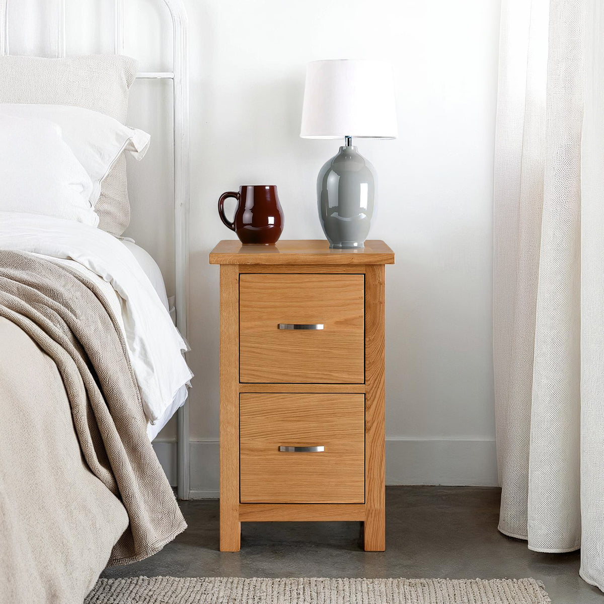 London Oak Slim Bedside Table for contemporary bedroom from Roseland Furniture