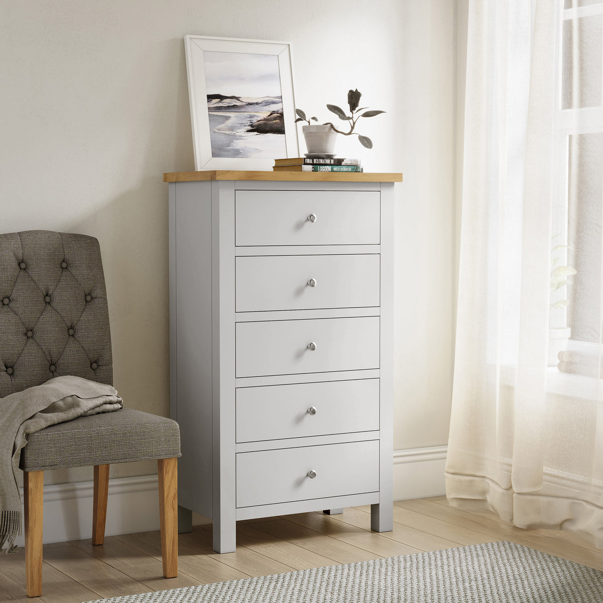 Farrow XL Grey 5 Drawer Tallboy Chest for bedroomure