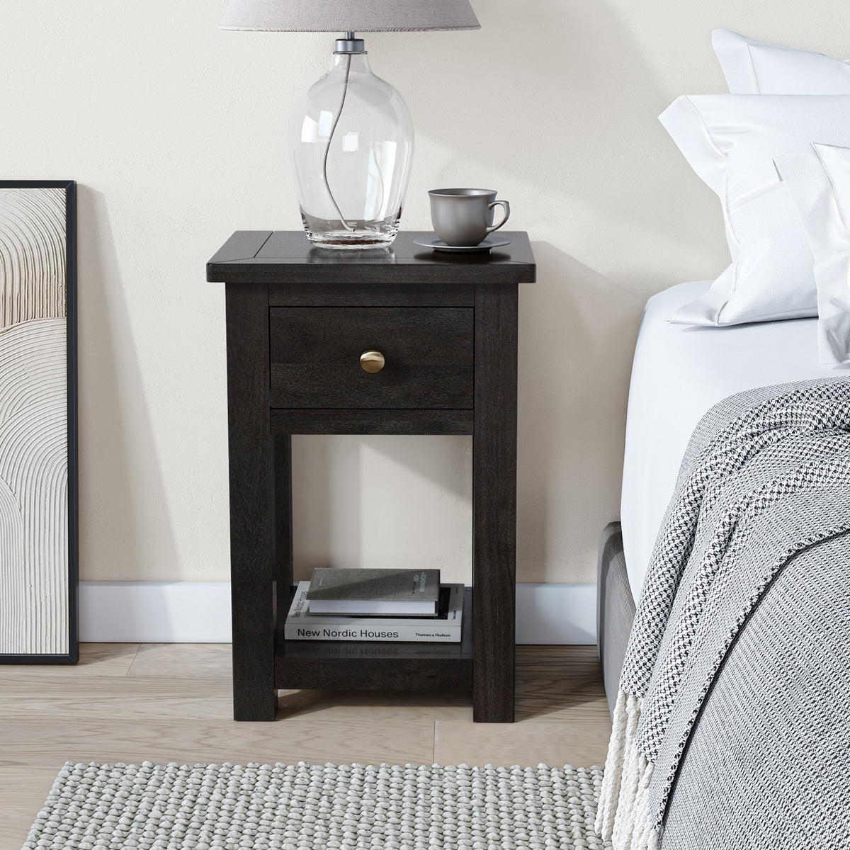 Duchy Acacia 1 Drawer Black Bedside Table for Bedroome