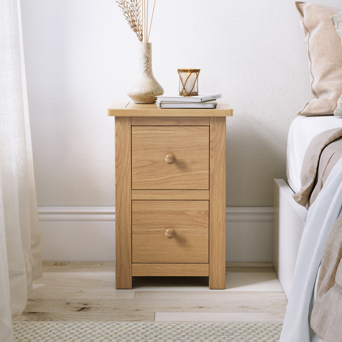 Duchy Oak Slim 2 Drawer Bedside Table for bedroom