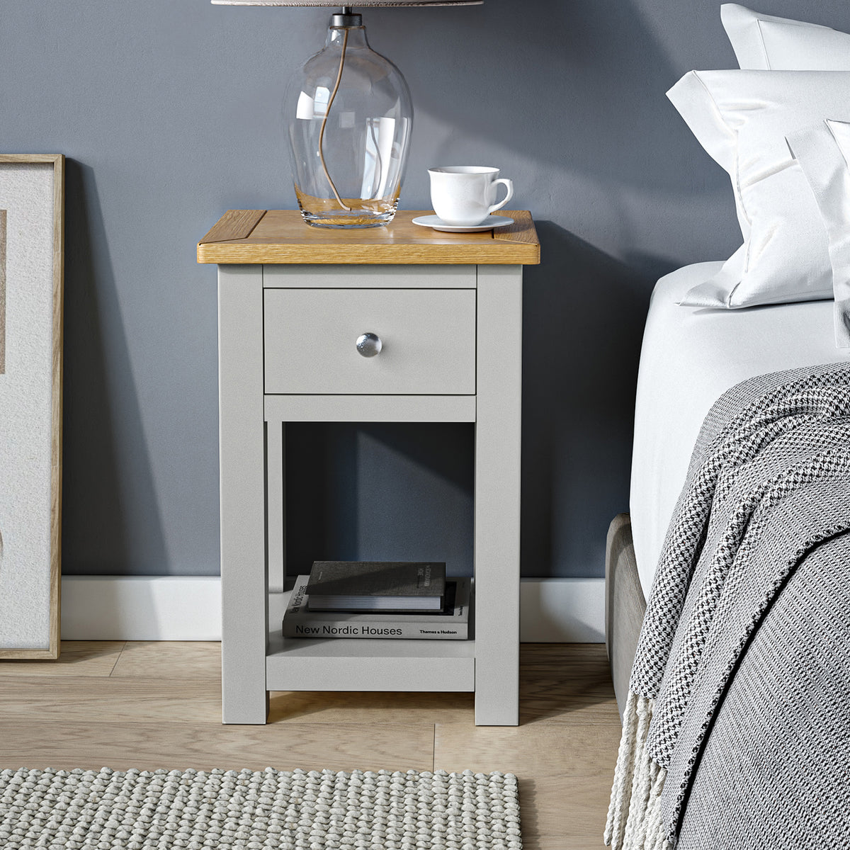 Duchy Inox 1 Drawer Bedside Table with Oak Top for bedroom