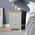 Duchy Inox Grey 2 Drawer Bedside Table with Oak Top for bedroom