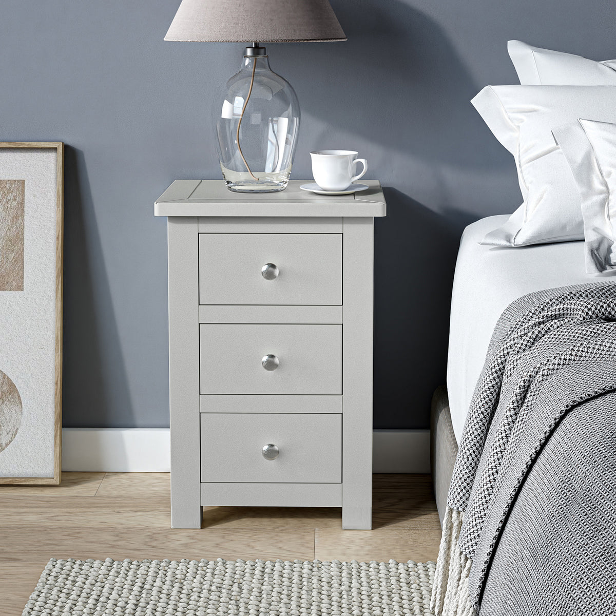 Duchy Inox Grey 3 Drawer Bedside Table for bedroom