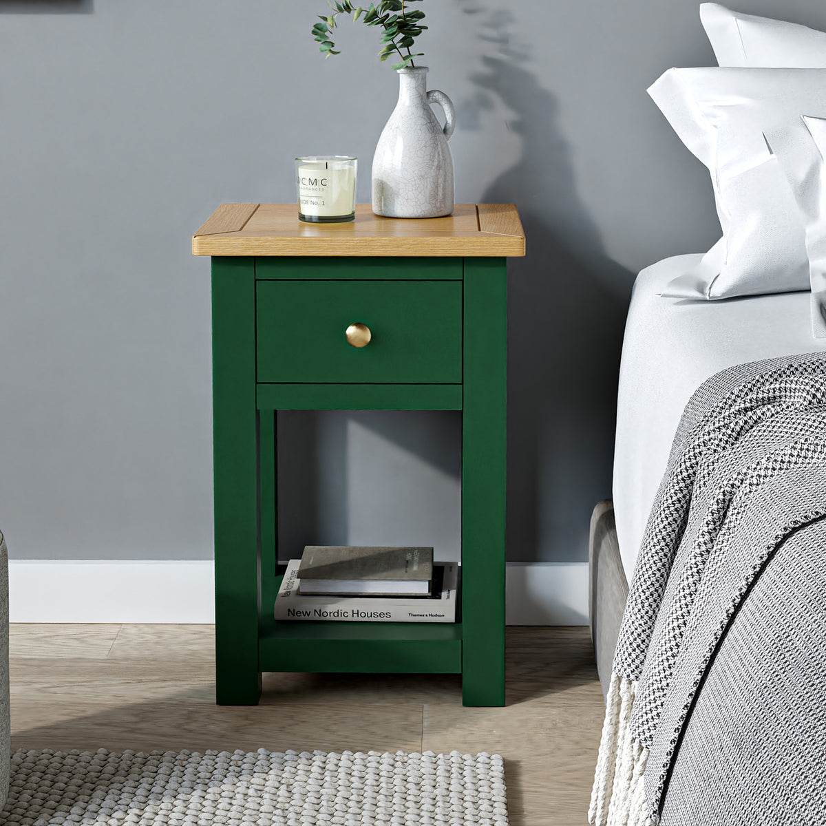 Duchy Puck Green 1 Drawer Bedside Table with Oak Top from Roseland Furniture