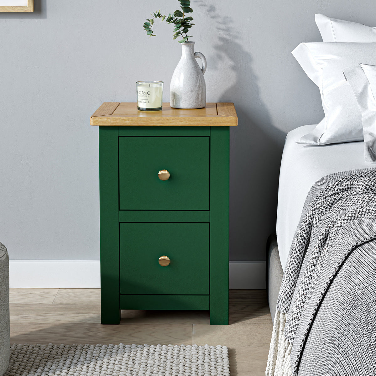 Duchy Puck Green 2 Drawer Bedside Table with Oak Top for bedroom
