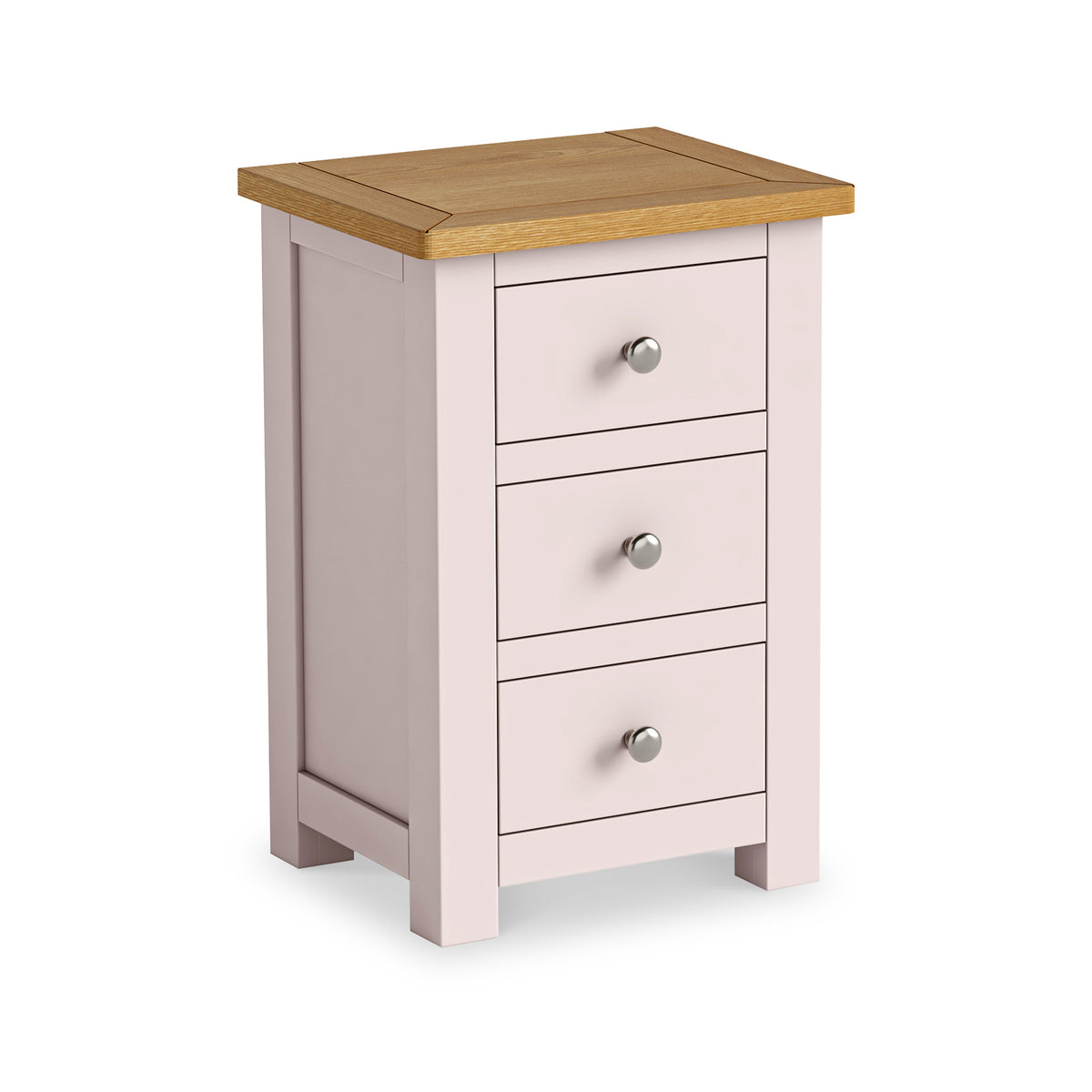 Duchy Dorchester Pink 3 Drawer Bedside Table with Oak Top from Roseland Furniture