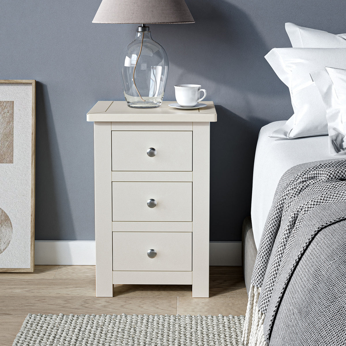 Duchy Linen Cream 3 Drawer Bedside Table for bedroom