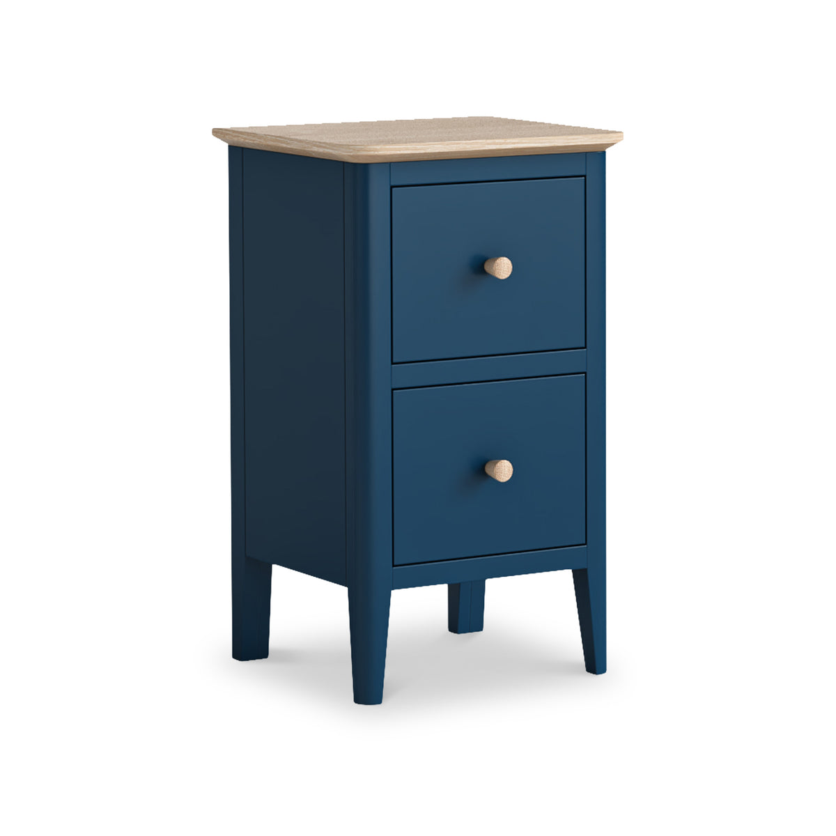 Penrose Navy blue Narrow Bedside Table with wooden handles from Roseland Furniture