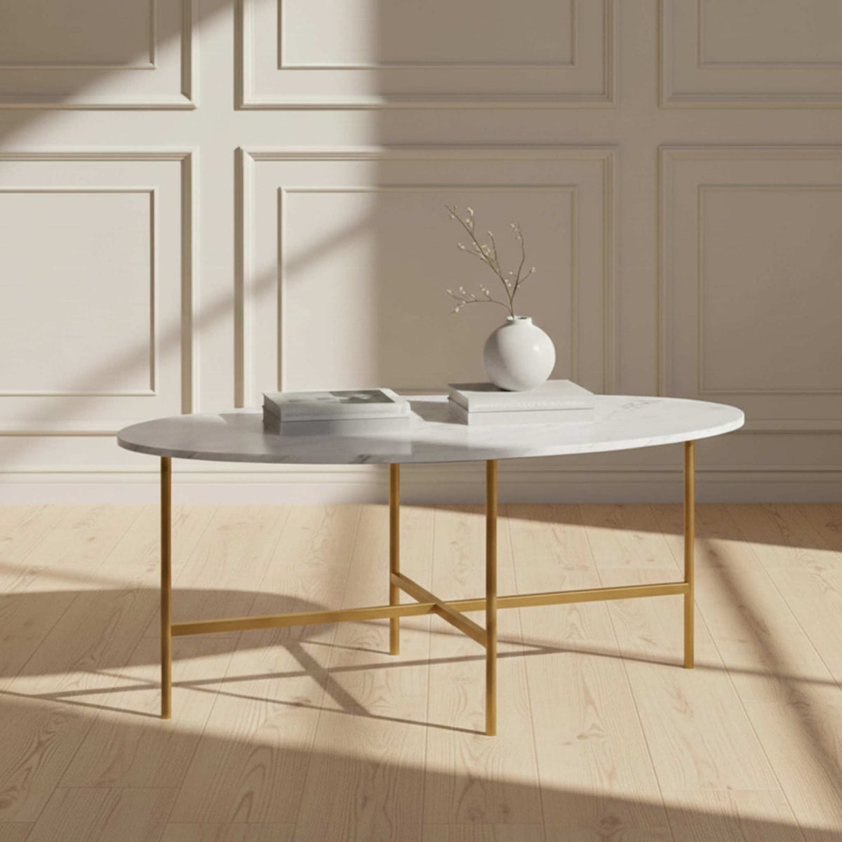 Pimlico-Banswara-Marble-Gold-Frame-Oval-Coffee-Table from Roseland Furniture