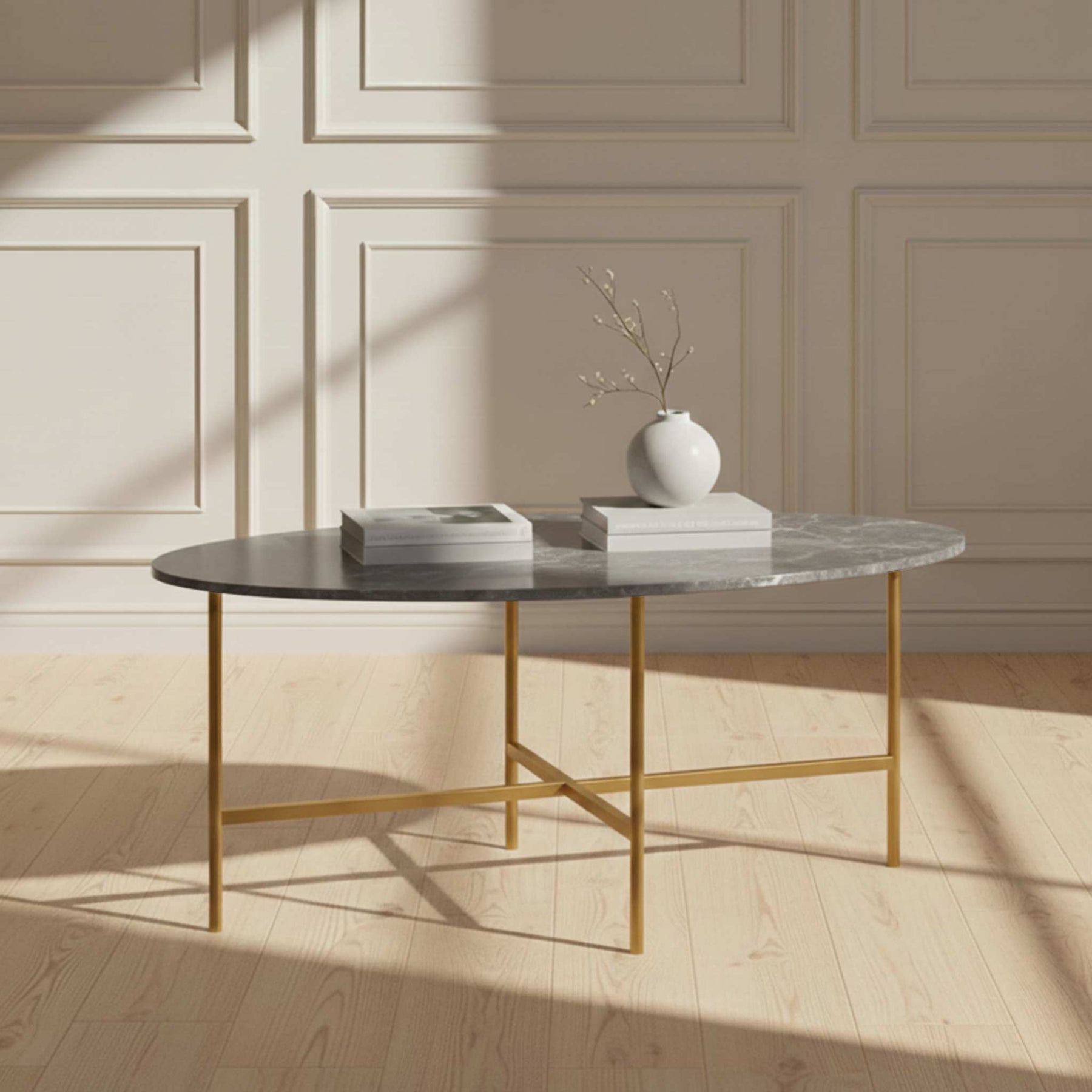 Pimlico-Banswara-Marble-Gold-Frame-Oval-Coffee-Table from Roseland Furniture