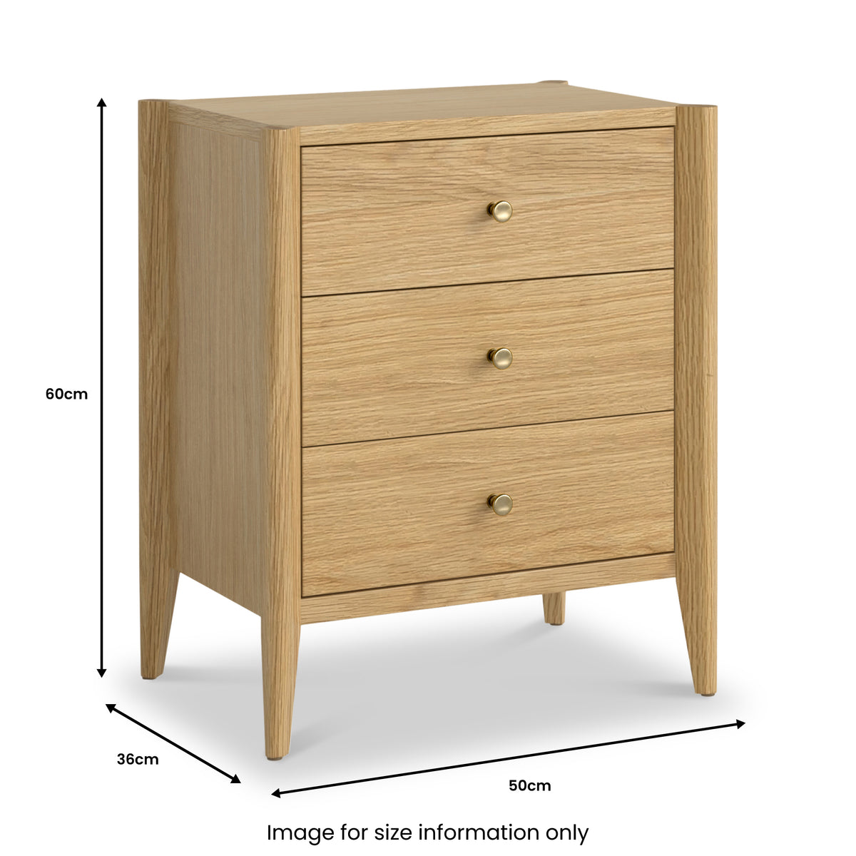 Cavell Oak 3 Drawer Bedside Table | Natural or Brown Oak | Roseland