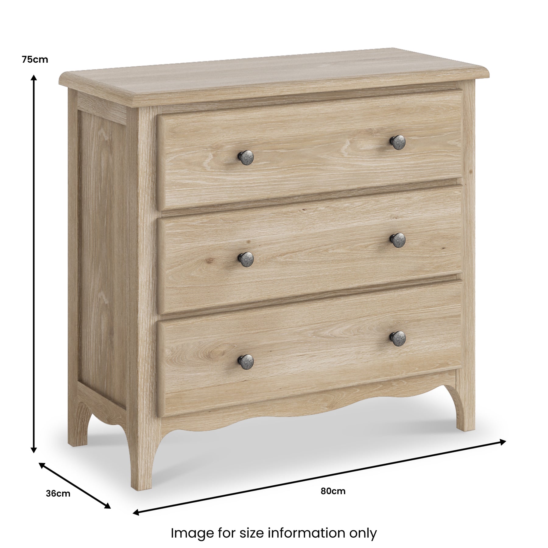 Celine Washed Oak 3 Drawer Chest dimensions