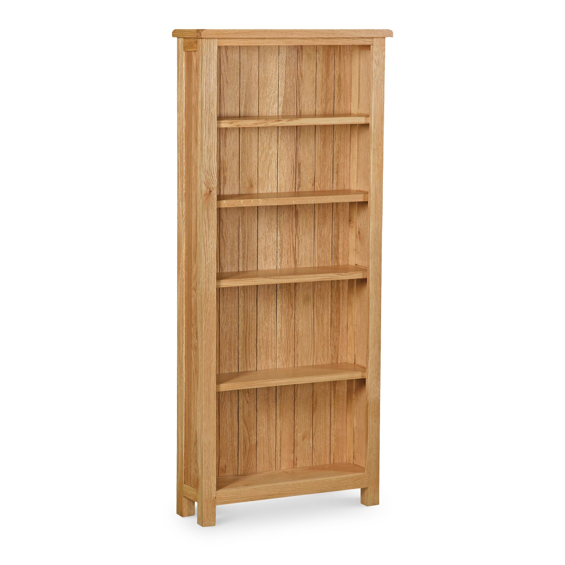 Tall, light oak bookcase with five shelves.