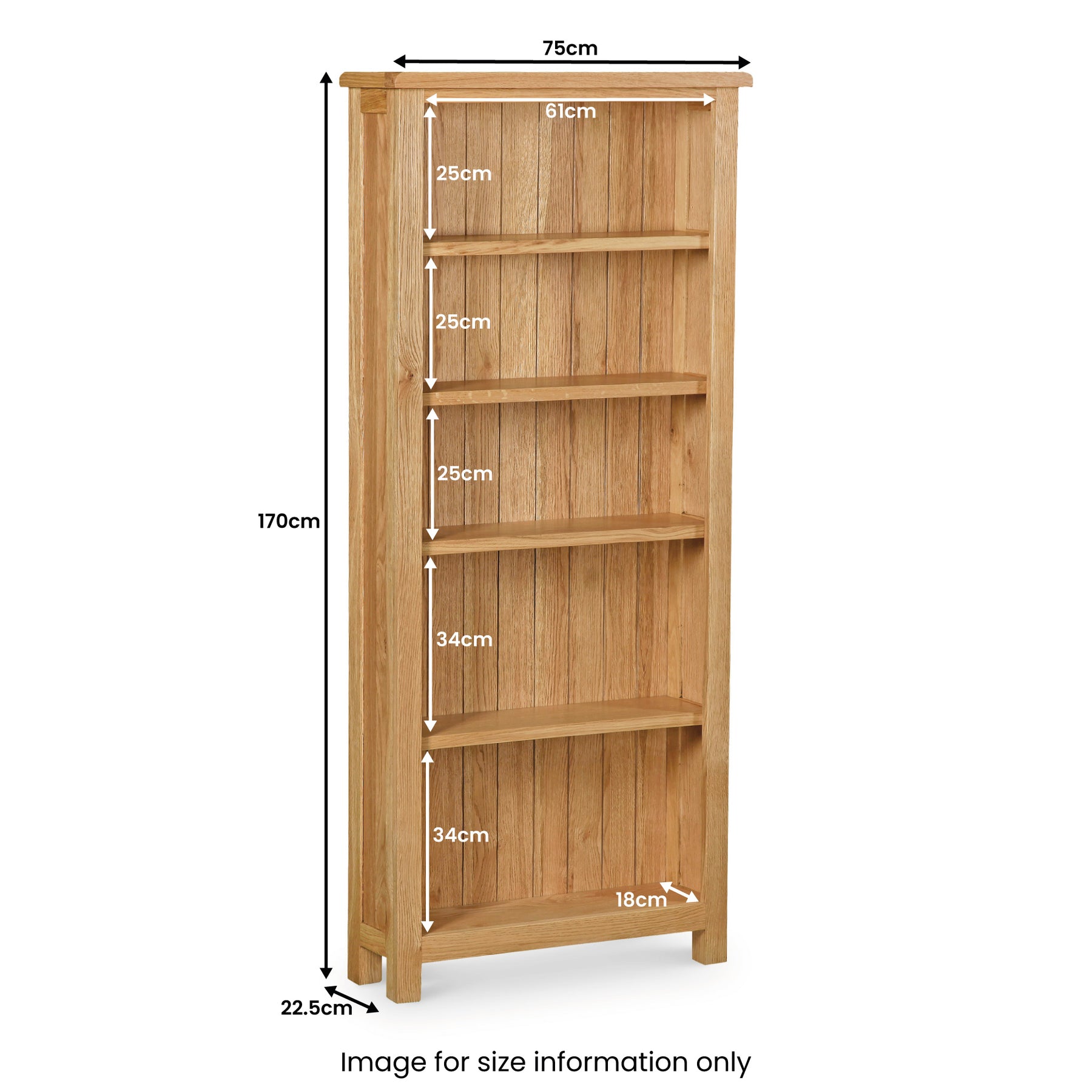 Oak bookcase with five shelves; dimensions shown.