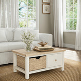 Farrow Basket Coffee Table from Roseland Furniture decorated with books and vases in a living room
