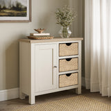 Farrow Basket Small Sideboard from Roseland Furniture decorated with books and a vase of flowers in a room