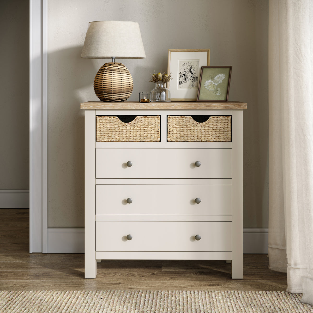 Farrow Basket 2 Over 3 Drawer Chest from Roseland Furniture decorated with books, lamps, and vases in a room

