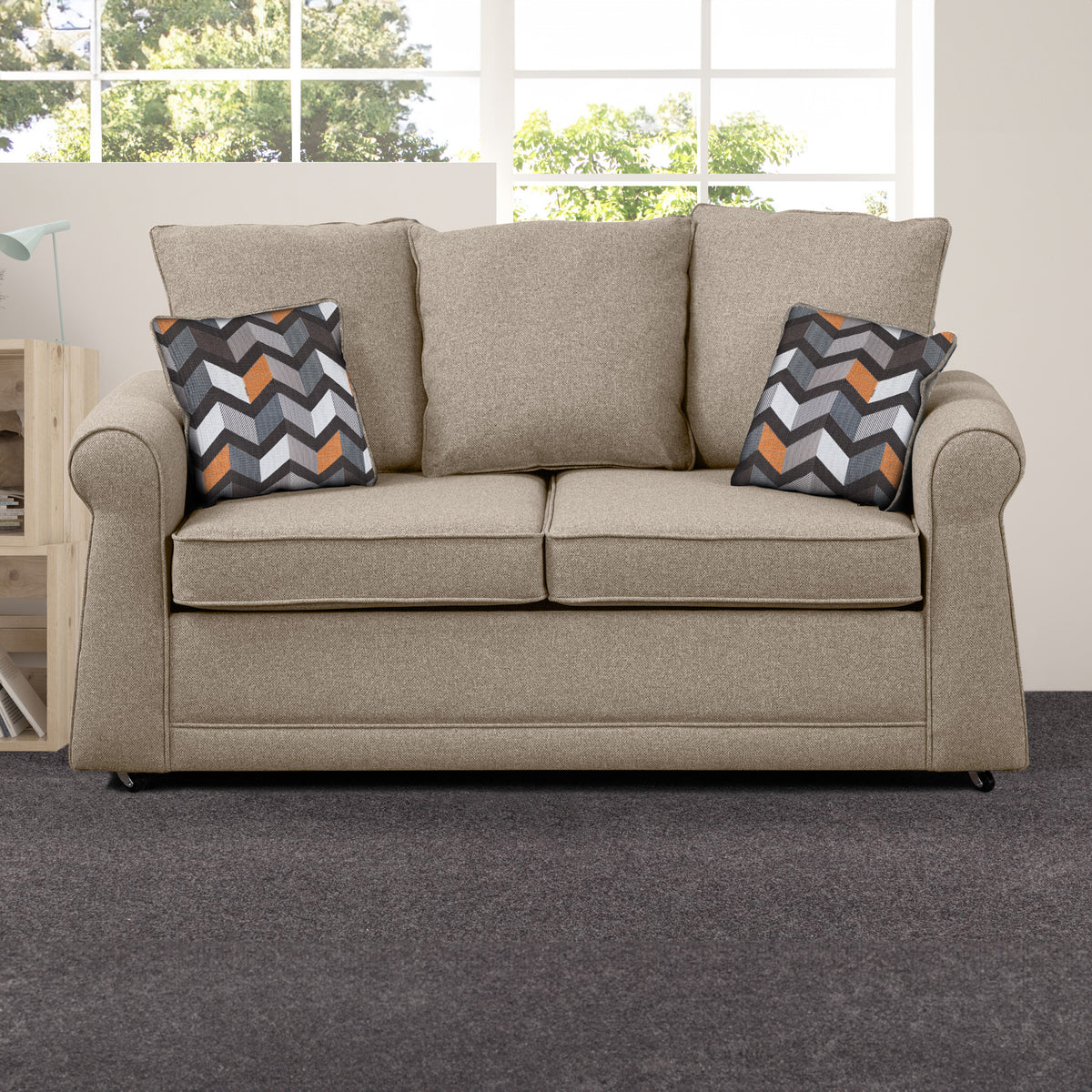 Broughton Oatmeal Faux Linen 2 Seater Sofabed with Charcoal Scatter Cushions from Roseland Furniture