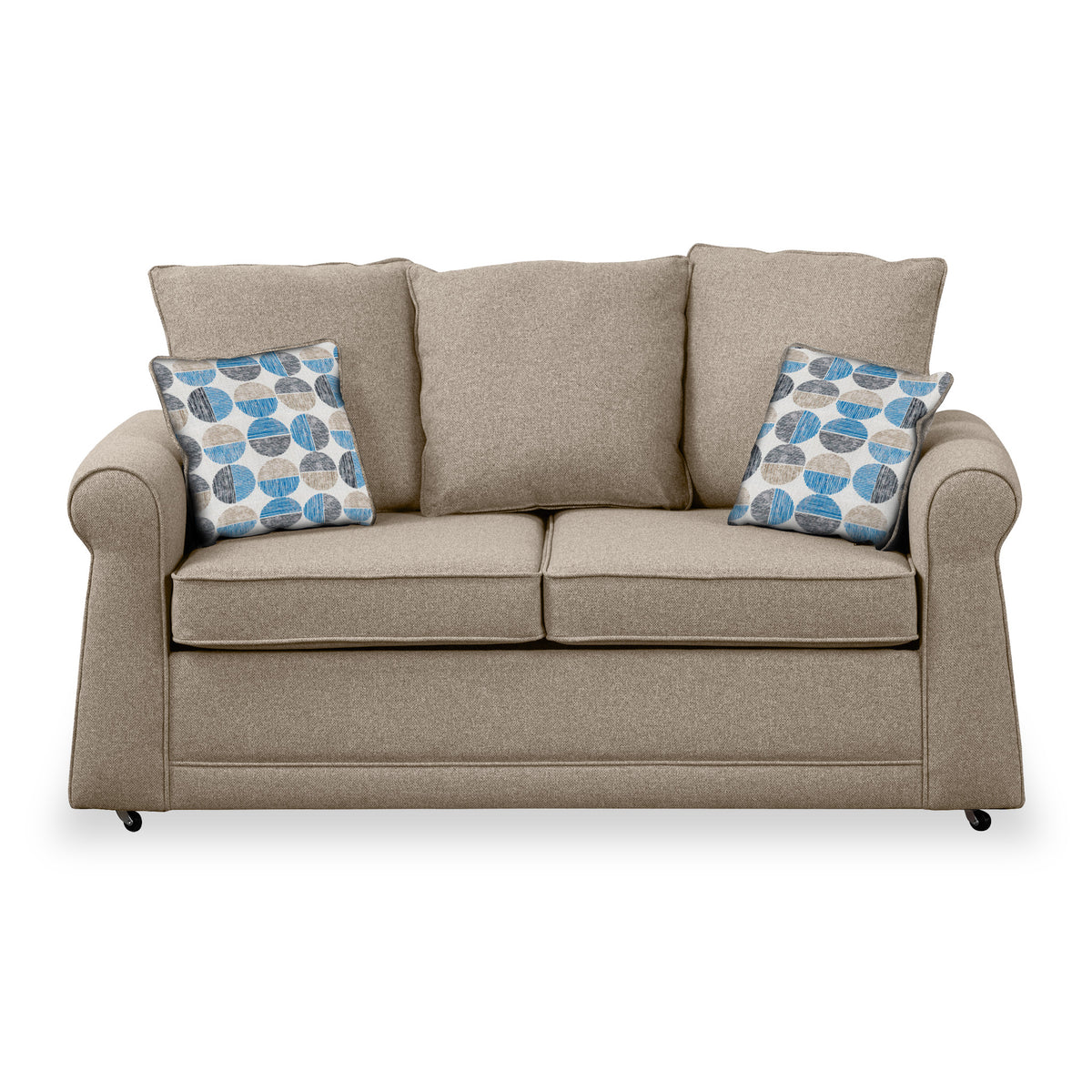 Broughton Oatmeal Faux Linen 2 Seater Sofabed with Blue Scatter Cushions from Roseland Furniture