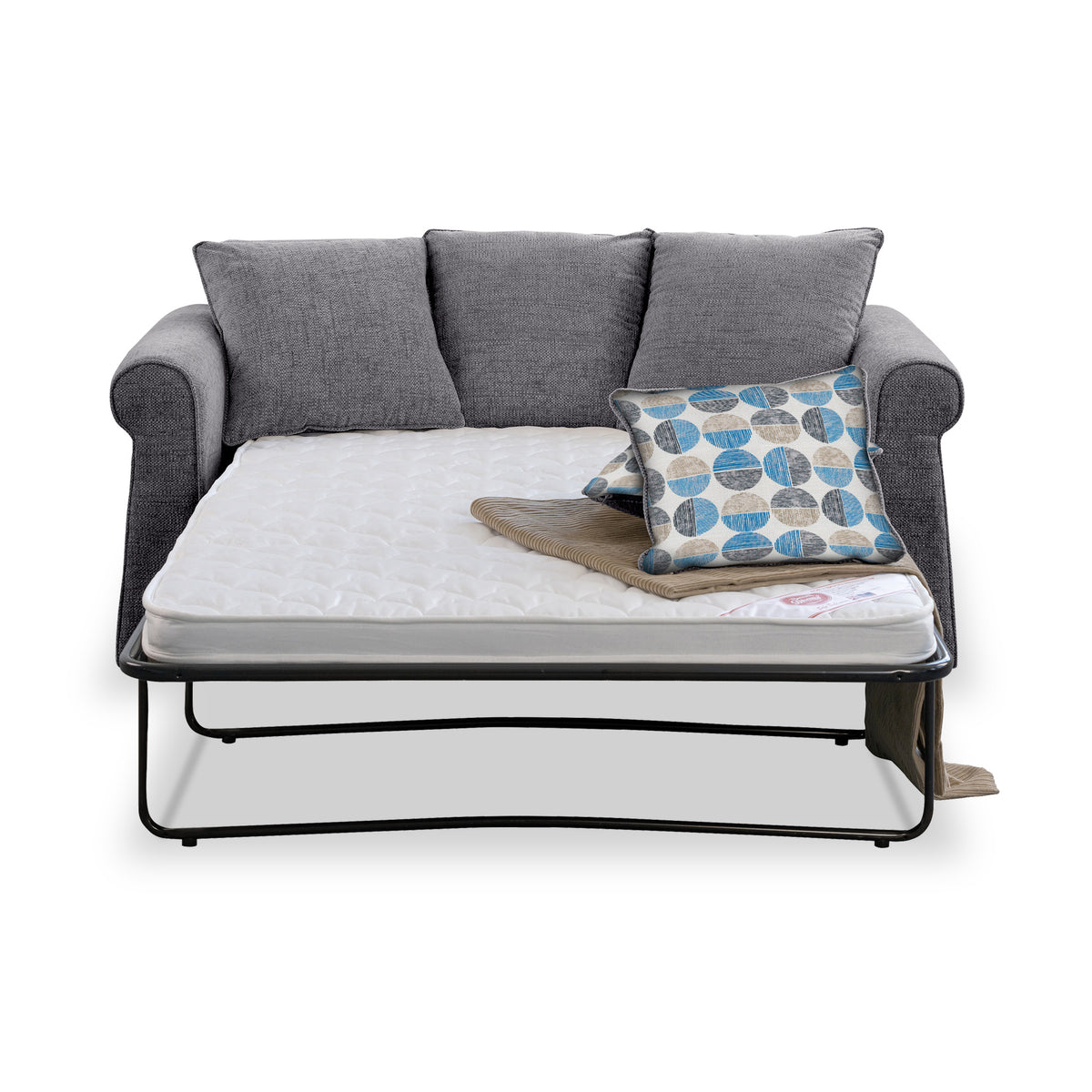 Branston Charcoal Soft Weave 2 Seater Sofabed with Blue Scatter Cushions from Roseland Furniture