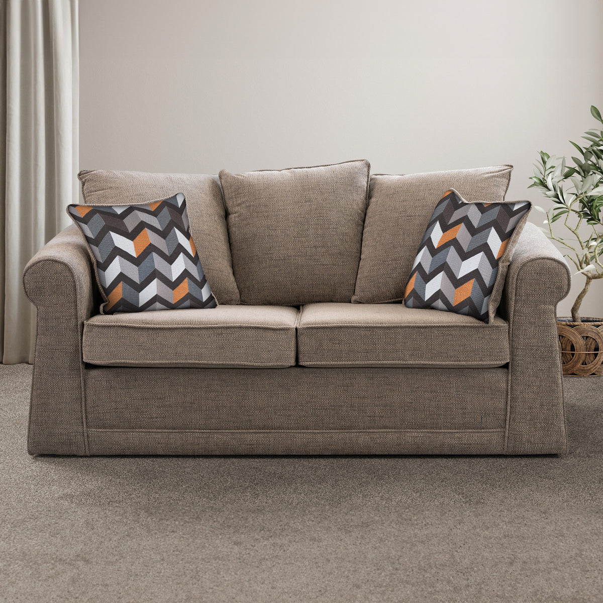 Branston Fawn  Soft Weave 2 Seater Sofabed with Charcoal Scatter Cushions from Roseland Furniture