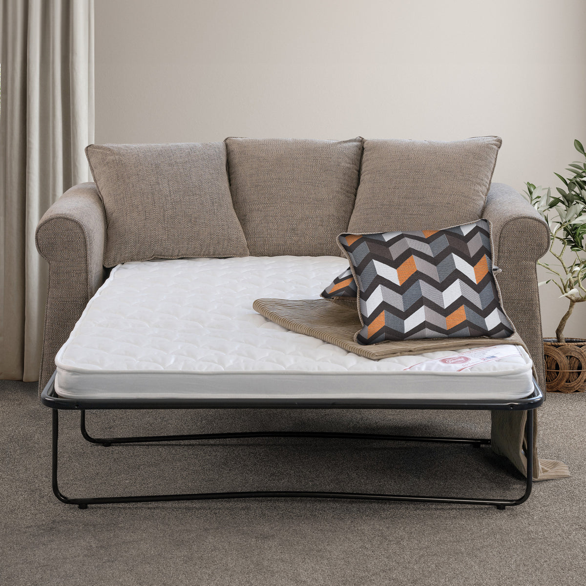 Branston Fawn  Soft Weave 2 Seater Sofabed with Charcoal Scatter Cushions from Roseland Furniture