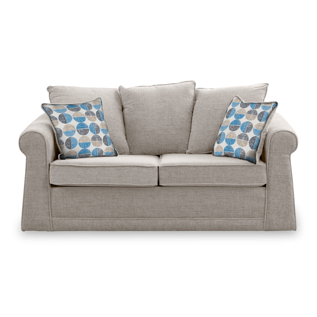 Branston Oatmeal Soft Weave 2 Seater Sofabed with Blue Scatter Cushions from Roseland Furniture