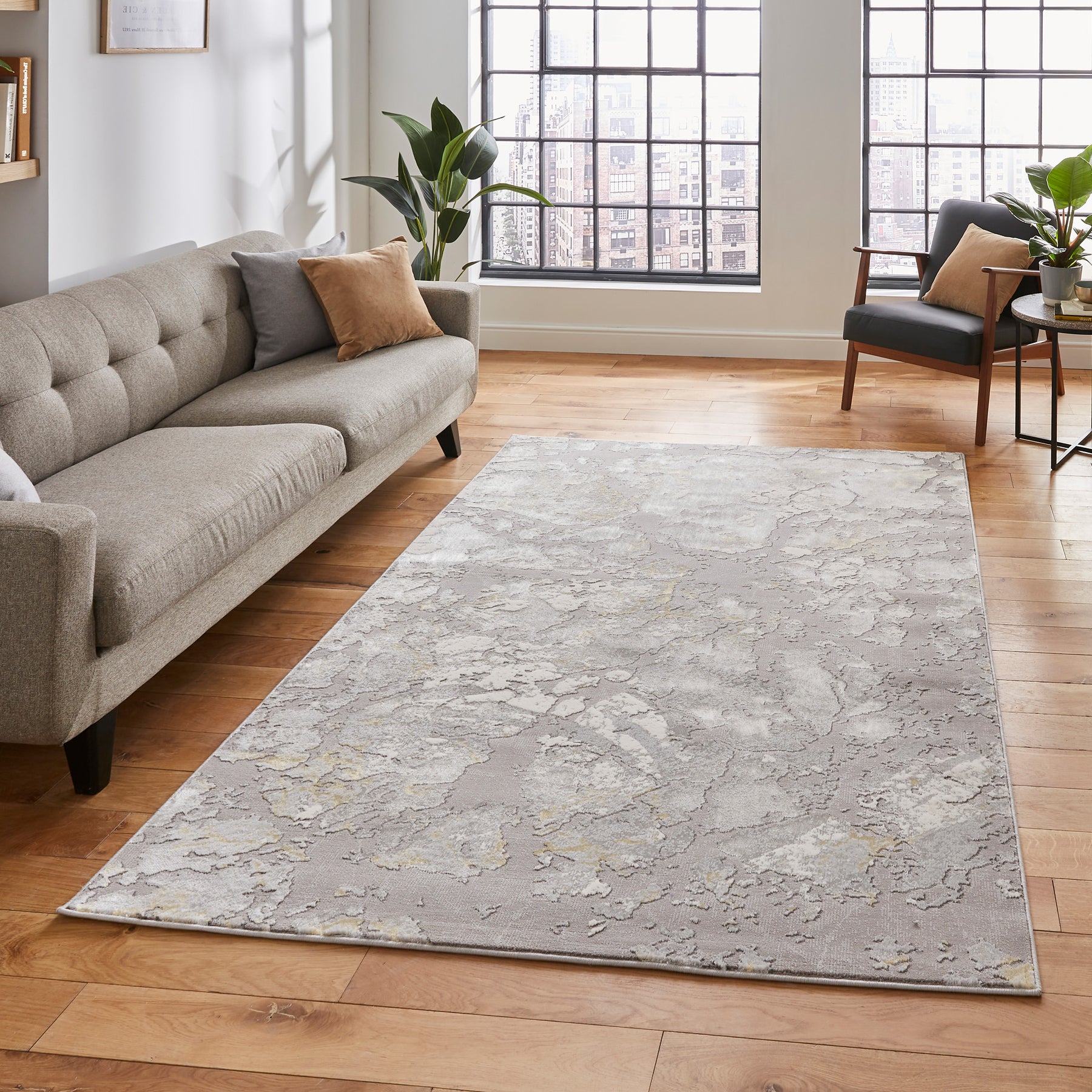 Aldrin Grey Gold Marble Effect Rug for living room
