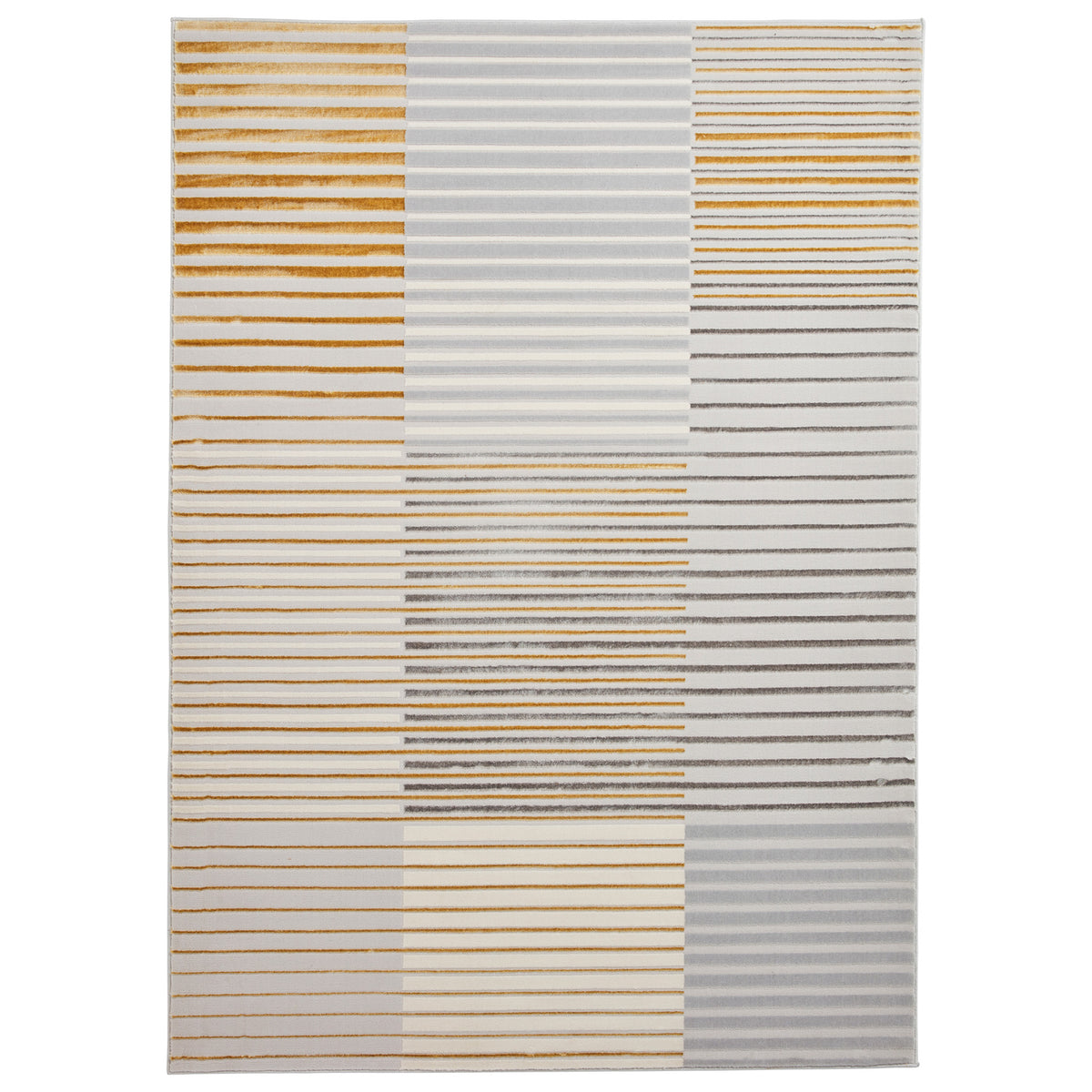 A vertically oriented rug displays a pattern of alternating horizontal stripes in various shades of brown, grey, and blue against a cream background.