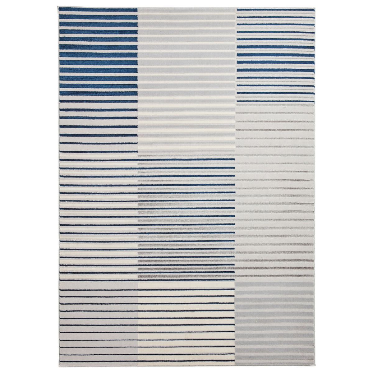 A patterned rug with alternating horizontal blue and grey stripes of varying thickness against a white background lies flat. There's no text present.