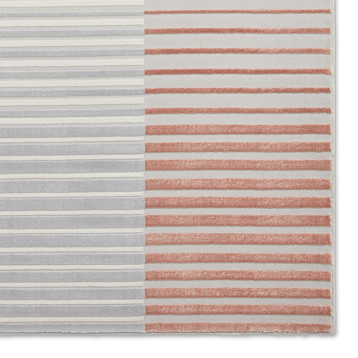 A rug with alternating horizontal grey and rust stripes, displayed against a plain backdrop.