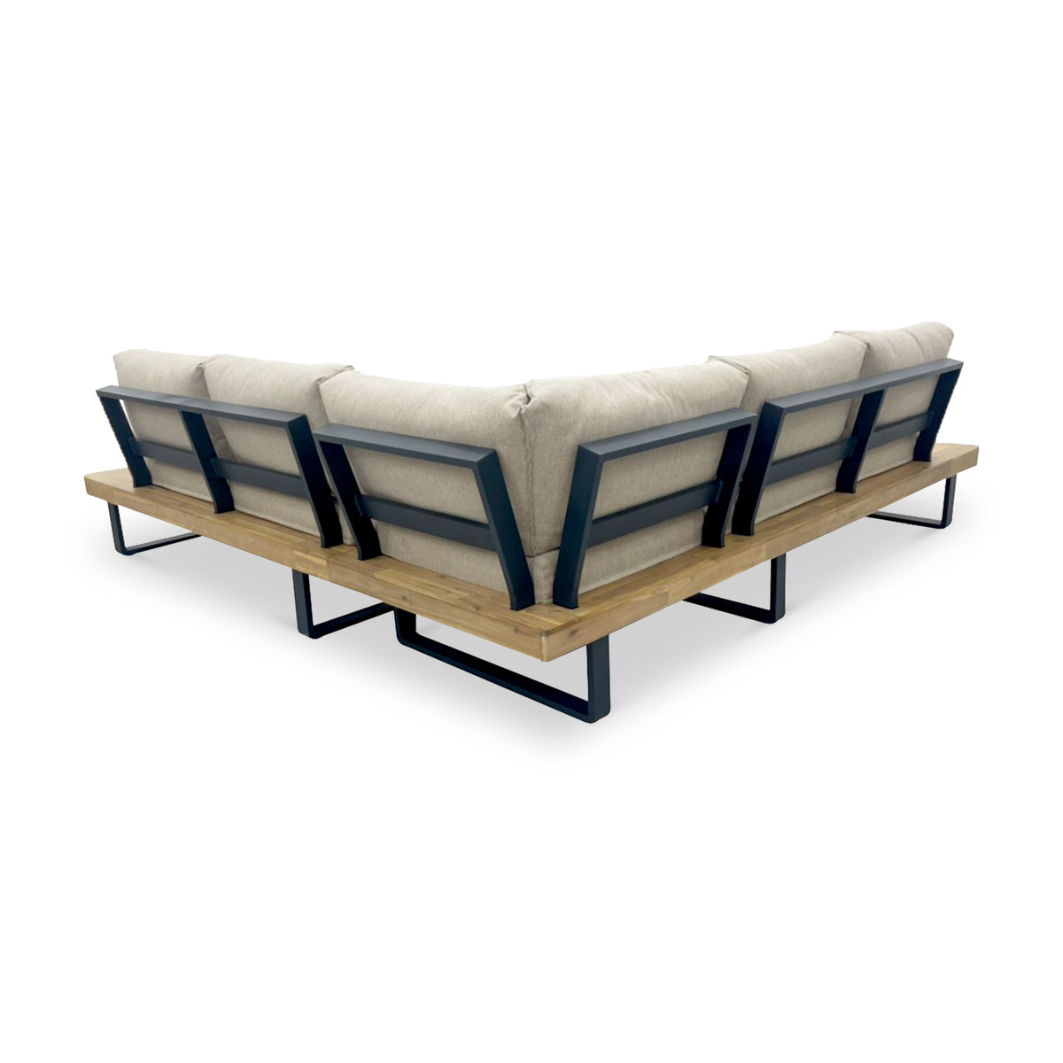 A modern sofa with beige cushions, blue and natural wood frame, on a white background.