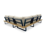 A modern sofa with beige cushions, blue and natural wood frame, on a white background.