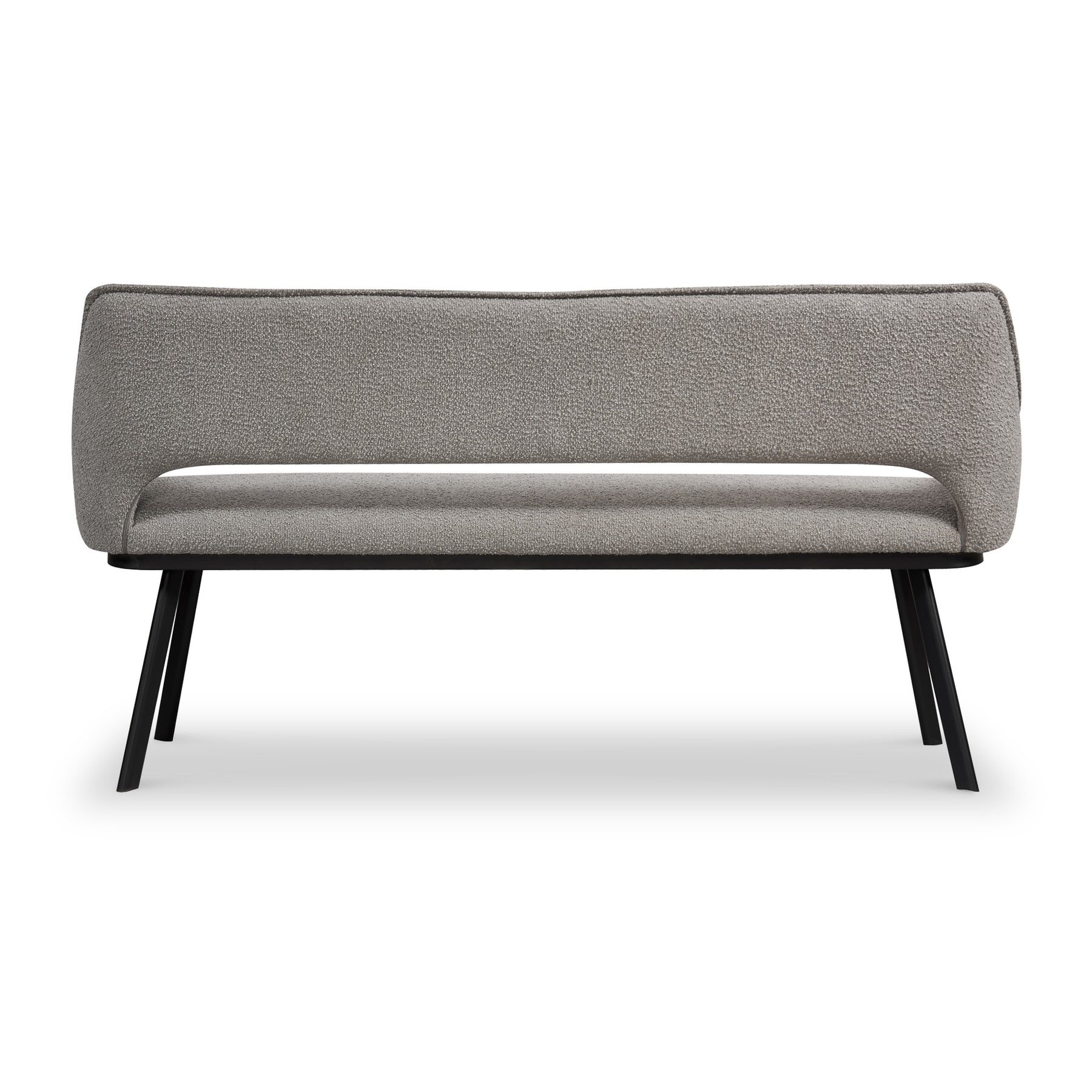 A modern grey fabric bench with a curved backrest and black angular legs, isolated against a white background.