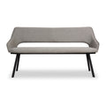 A modern gray fabric bench with a high backrest and angled black metal legs stands isolated against a white background.