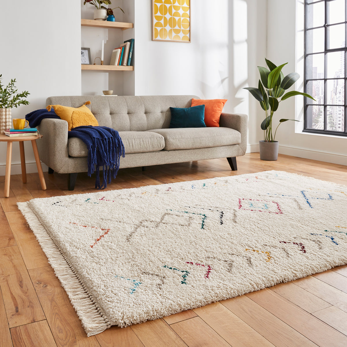 Edie Boho Moroccan Multi Coloured Chevron Shaggy Rectangular Rug for ...