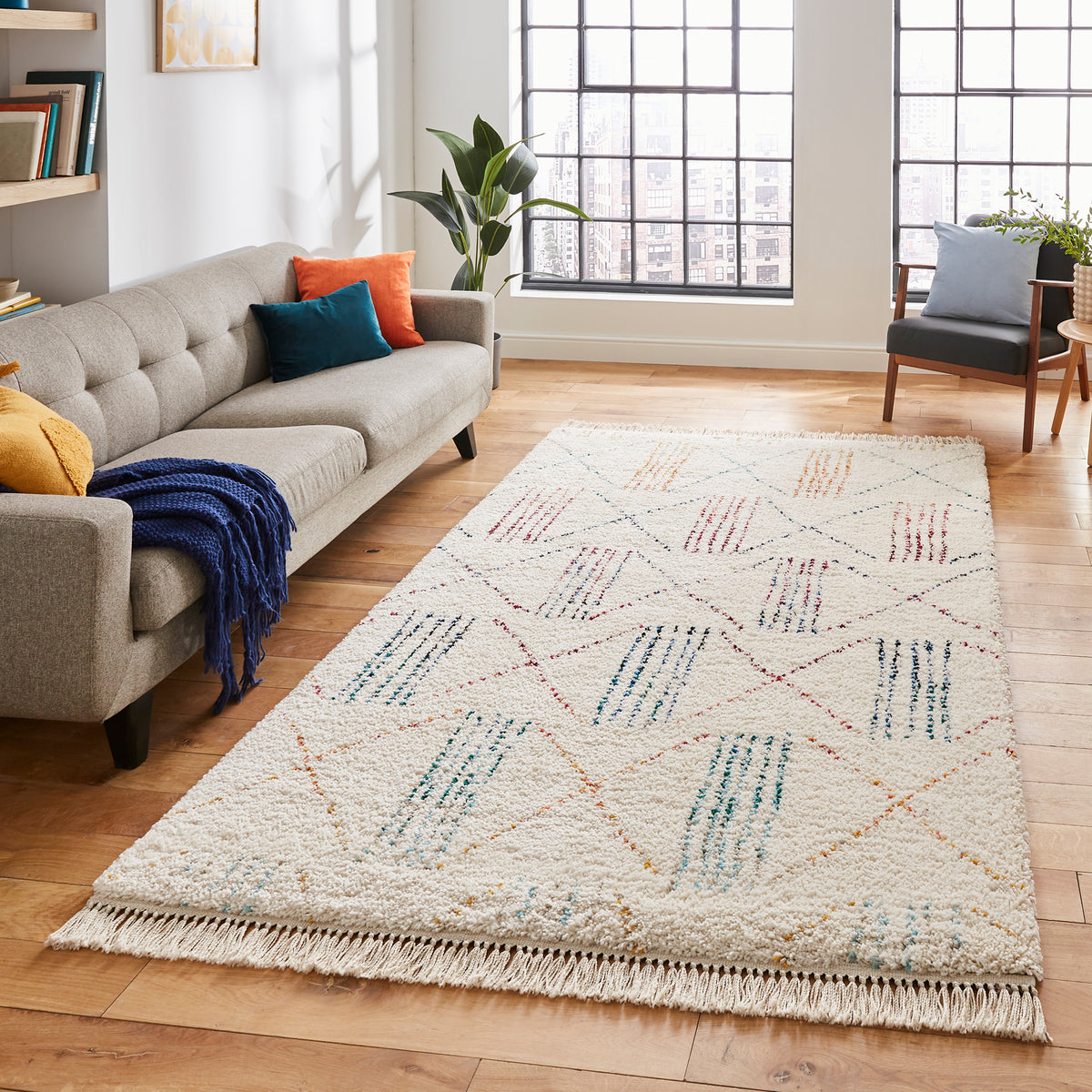 Edie Boho Moroccan Multi Coloured Patterned Shaggy Rectangular Rug for ...