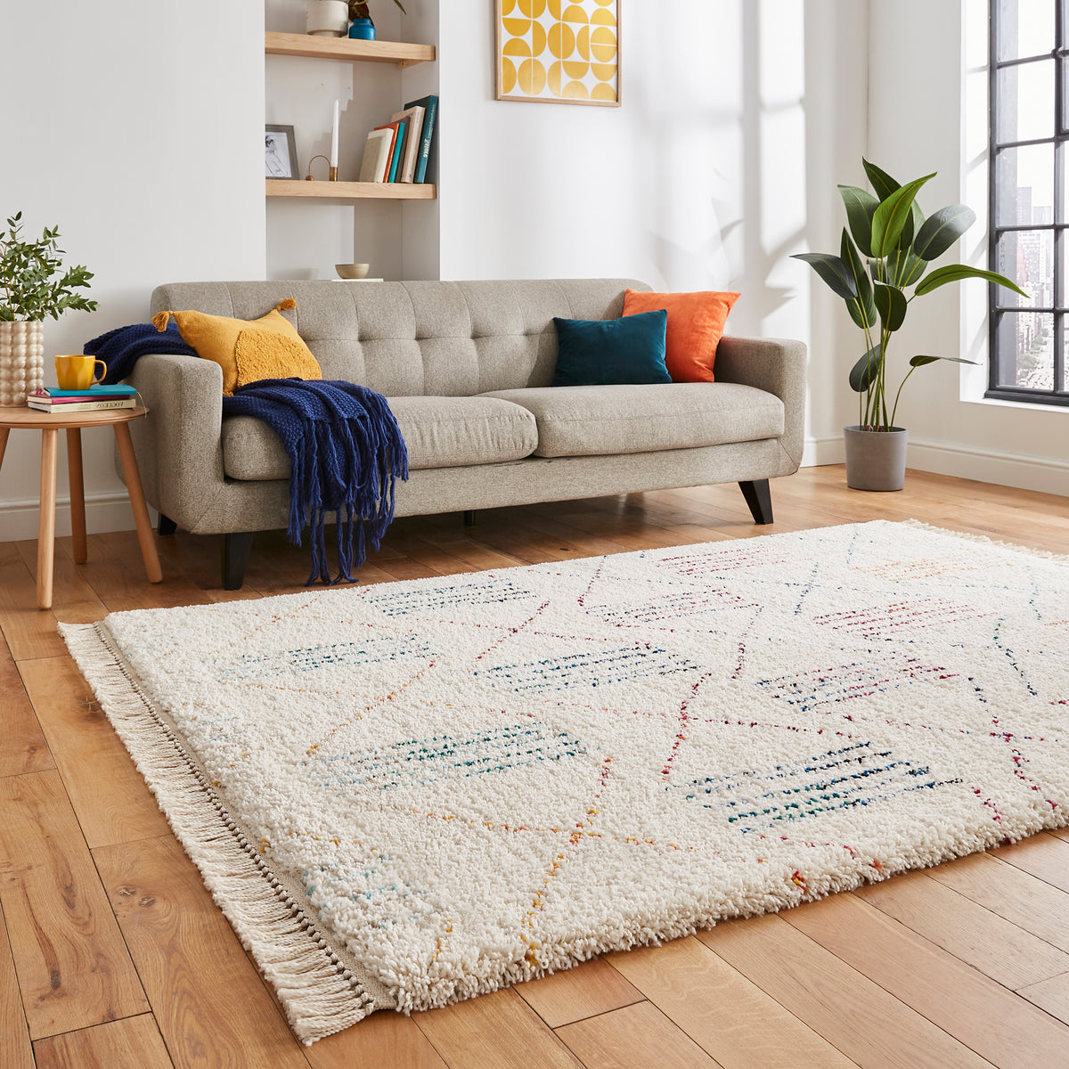 Edie Boho Multi Coloured Patterned Shaggy Rug for bedroom