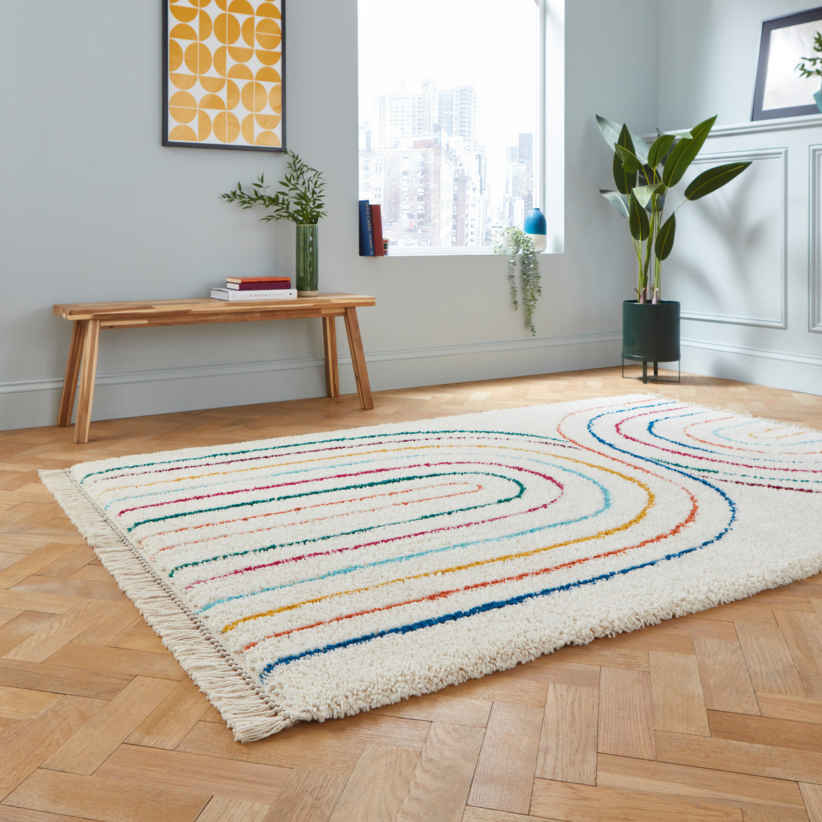 Edie Boho Multi Coloured Dual Rainbow Shaggy Rug for bedroom