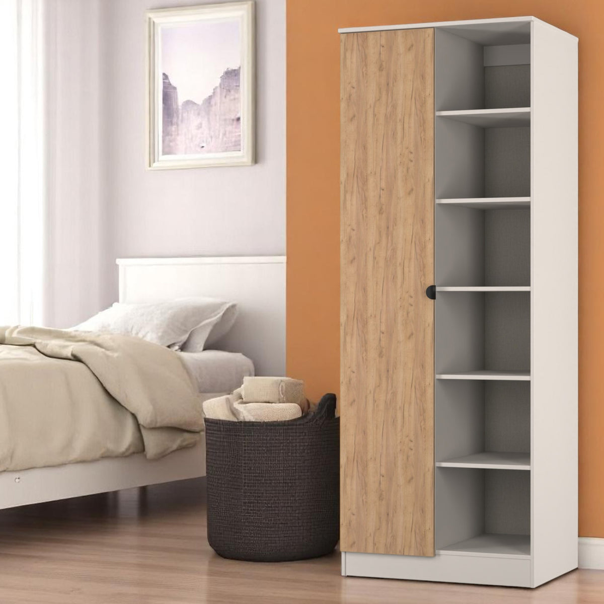 Huxley 1 Door Wardrobe With Open Shelves Oak Cashmere from Roseland Furniture