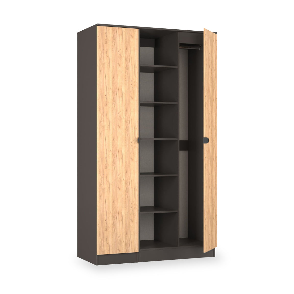 Huxley Triple Wardrobe With Shelves Oak Graphite from Roseland Furniture