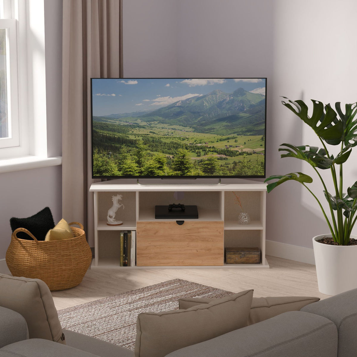 Huxley Corner TV Unit Oak Cashmere from Roseland Furniture