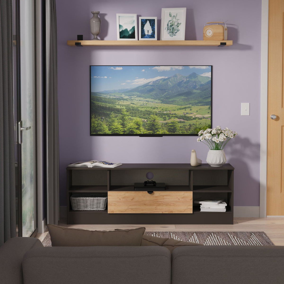 Huxley Wide 1 Drawer TV Media Unit Oak Graphite Side1 from Roseland Furniture