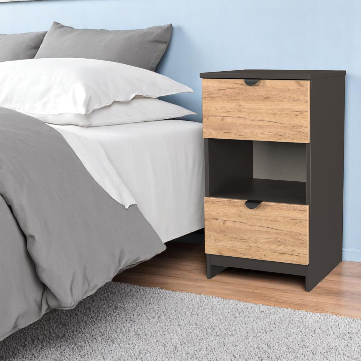 Huxley 2 Drawer Bedside Oak Graphite from Roseland Furniture