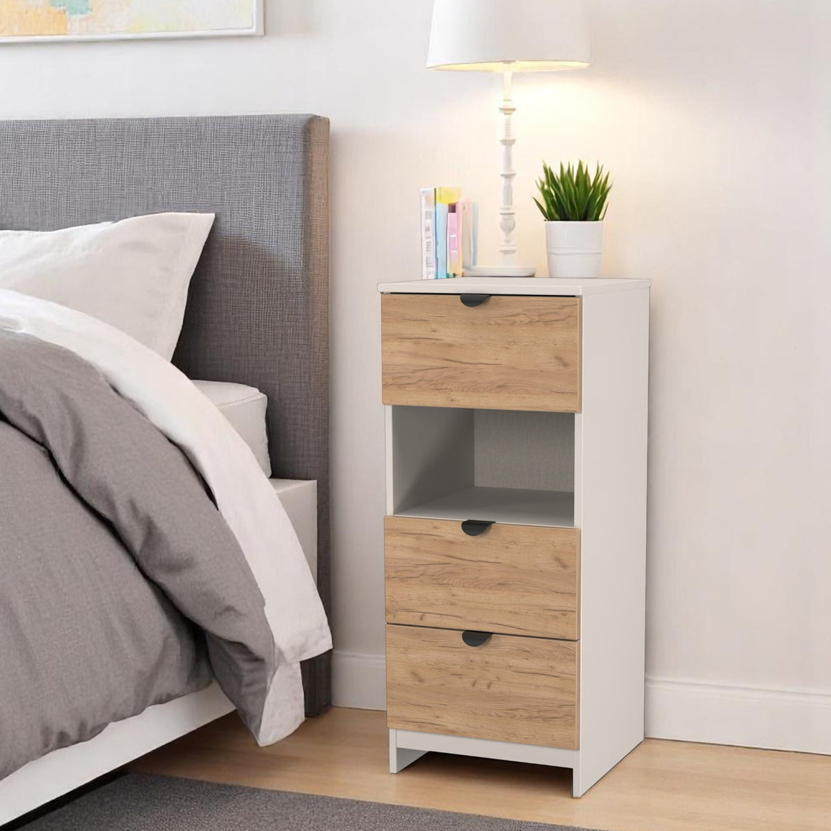 Huxley 3 Drawer Bedside Oak Cashmere from Roseland Furniture