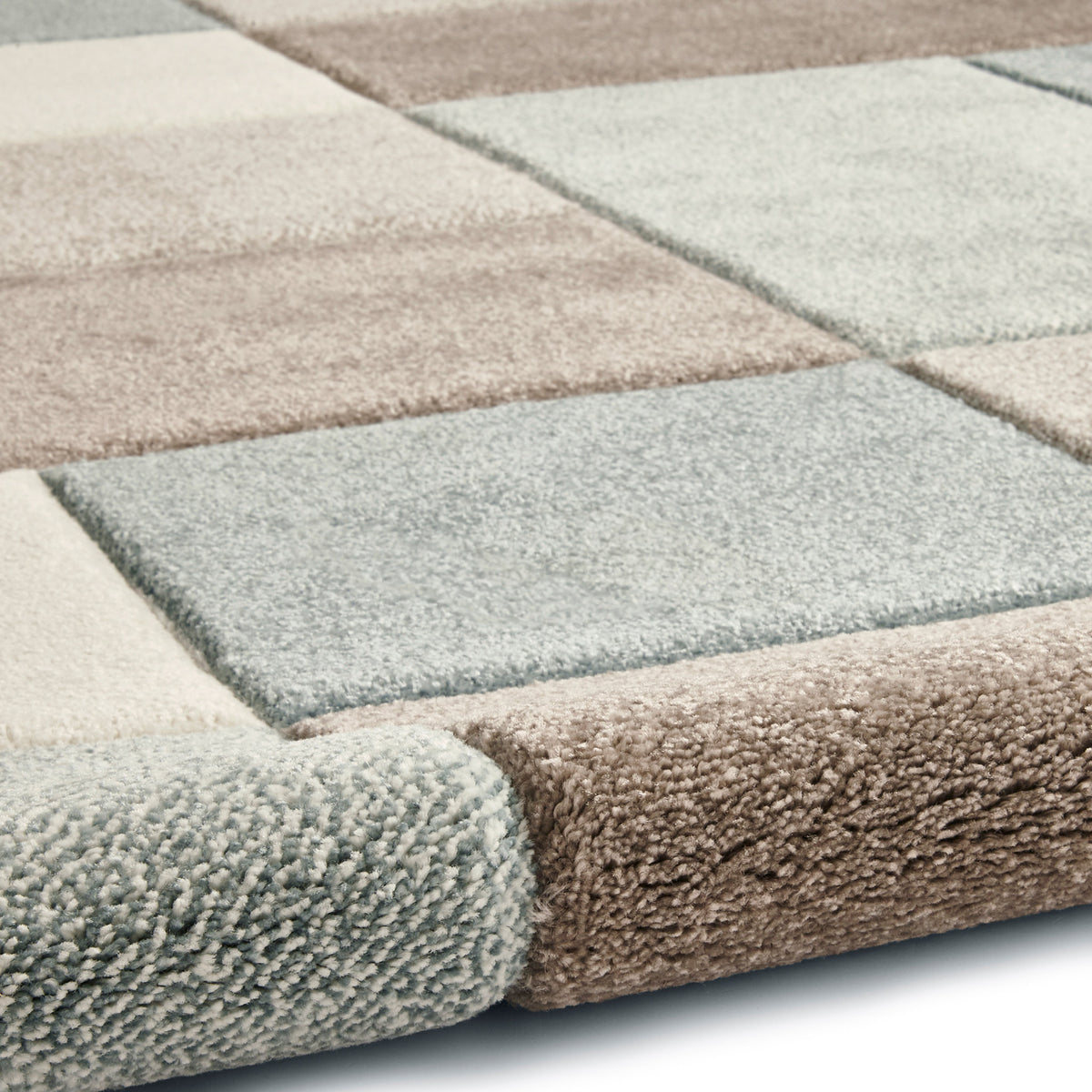 Brockton Beige Blue Square Patterned Hand Carved Rug