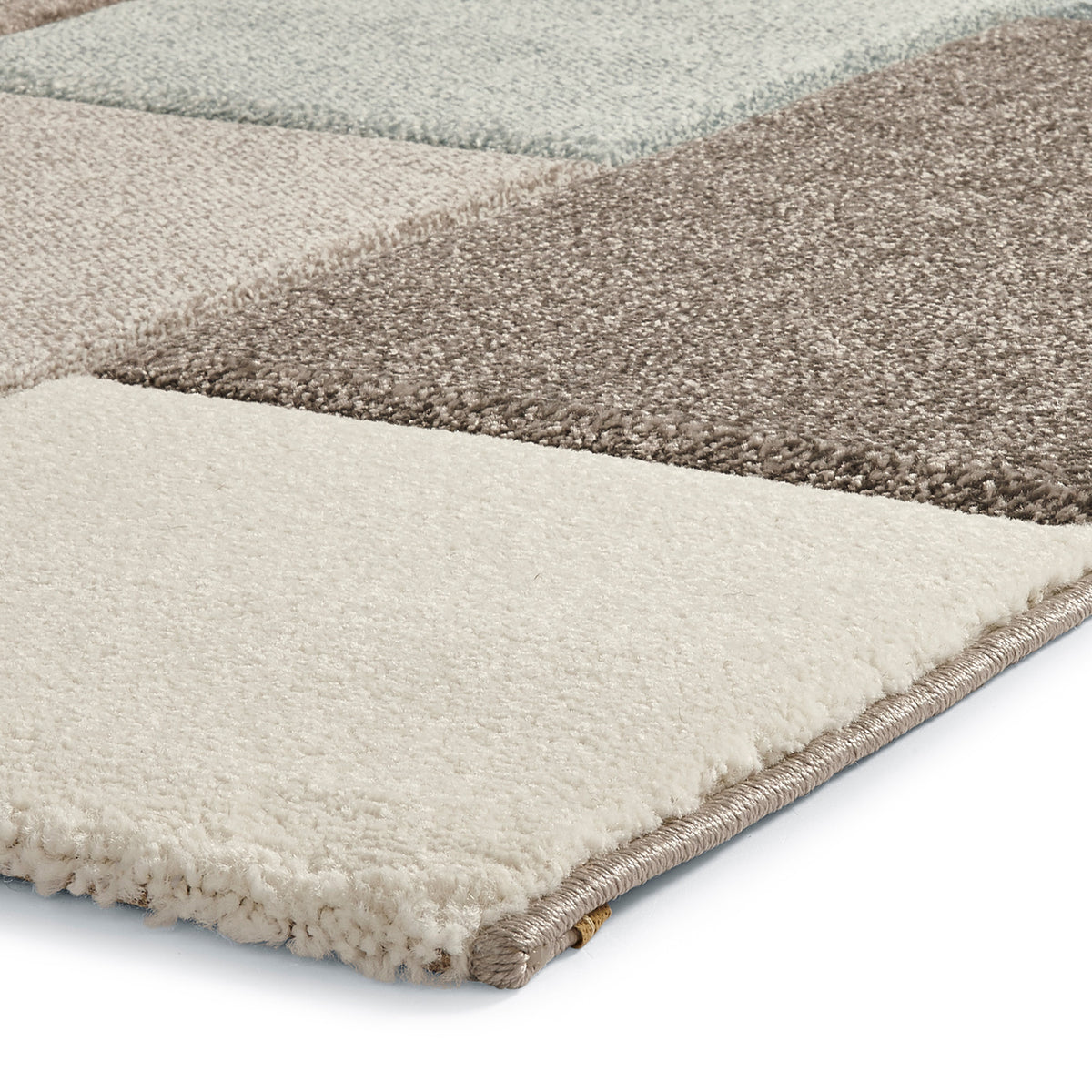 Brockton Beige Blue Square Patterned Hand Carved Rug