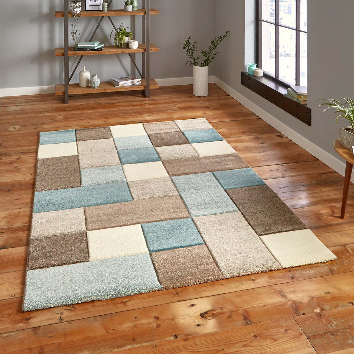 Brockton Beige Blue Square Patterned Hand Carved Rug for living room