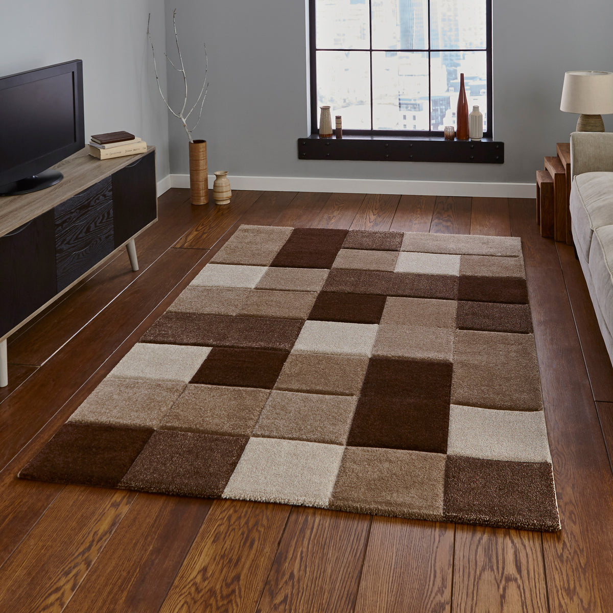 Brockton Beige Brown Square Patterned Hand Carved Rug for living room