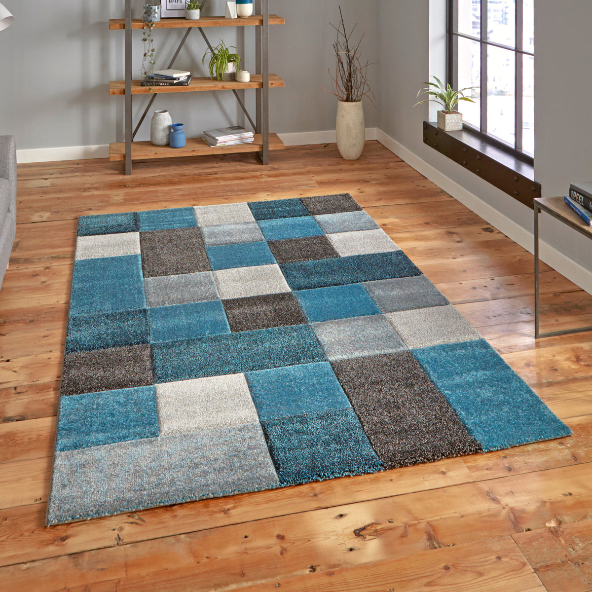 Brockton Blue Grey Square Patterned Hand Carved Rug for living room